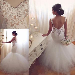 Romantyczna koronka See przez Syrenki Suknie Ślubne Sexy Backless Beach Suknie Ślubne Tulle Długość Piętro Lato Wedding Vestidos Custom Made