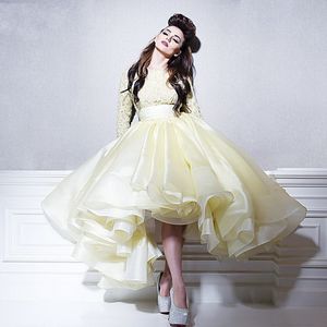 Light Yellow Prom Dresses Ball Gown Lace Long Sleeves Jewel Fluffy Organza Party Dresses Lovely Knee Length Evening Dress Pretty Formal Wear