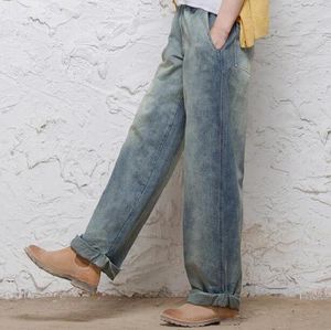 Calça jeans casual denim calças retas para as mulheres de cintura alta de algodão primavera outono capris calças soltas feminino plus size shq0702