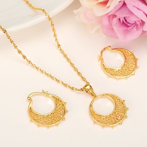 Liten storlek Etiopiskt set Smyckeshänge Halsband Örhängen Barn 14K Äkta Gult Solid Guld Fin Eritrea Habesha Girl Africa Set