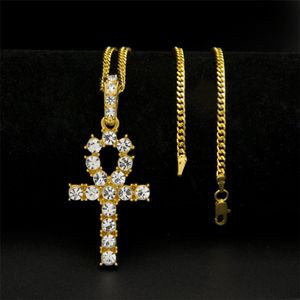 Hip Hop Silber Gold Ankh Ägyptischer Schmuck Bling Strass Kristall Schlüssel zum Leben Ägypten Kreuz Halskette Kubanische Kette