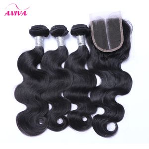 Onda de corpo de cabelo virgem peruana com fecho 4 pcs lote fecho de renda com cabelo humano peruano não processado tece pacotes naturais cor dinable