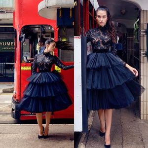 Con Ilio 2019 Black Lace Arabic Evening Dresses High Neck Long Sleeves Ball Gown Tulle Prom Dresses Knee Length Evening Gowns