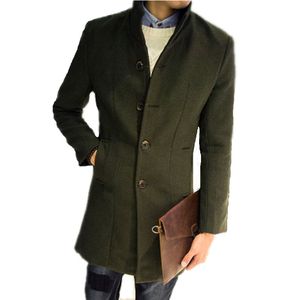 Wholesale- Men's Long Woolen Coat Winter Wool Men's New Autumn and Winter Solid Color Slim Casual Windbreaker Jacket Mens Green Wool Coat