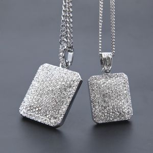 Mens Full Iced Out CZ Banhado A Ouro de Prata Quadrado Dog Tag Pingente de Colar de Corrente Cubano Hip Hop Blingbling