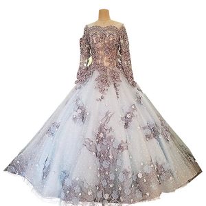 Rabatt Chinesische Luxus Ballkleid Brautkleider mit Blumenapplikationen Langes Hochzeitsgastkleid Perlen Kristall Schöner Tüll