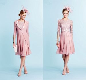 Modest Pink Mother of the Bride Dresses With Long Jacket Lace Top Pleat Chiffon Wedding Gästklänning för Mother Groom -klänningar