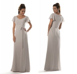 Gümüş Şifon Plaj Mütevazı Nedime Elbiseleri ile Flutter Kollu V Boyun Yaz Kadınlar Örgün Düğün Parti Elbiseler Yeni Custom Made