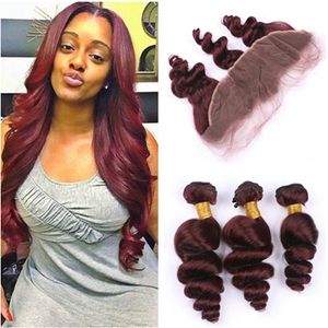 Lös våg # 99J Vinröd brasilianskt mänskligt hår väv med spets frontal 4st Lot Virgin Burgundy Hair 3bundles med 13x4 Full Lace Closure