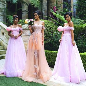 Dantel Parti Elbise Off-omuz Muhteşem Aplikler Tül Aplike A-line Nedime Elbisesi vestido de dresses longo para casamento