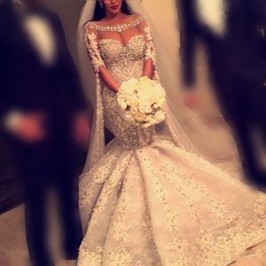 Luxury Crystals Beaded Wedding Dresses 2017 Summer Lace Half Long Sleeves Mermaid Bridal Gowns Custom Made Vintage Wedding Vestidos