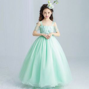 Mint grön elegant tulle spets blomma flicka bröllopsklänning fotled längd applikationer pärla barn fest prom klänning första nattliga klänningar