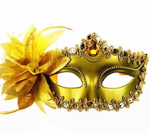 Venezianische Maskerade, Tanzball-Maske, Hochzeit, Party, Kostüm, Augenmaske, auf Stick-Masken, Lilien-Blumen-Spitze-Feder-gehaltene Stick-Maske