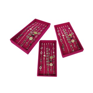 3Pcs Jewelry Display Case Rose Red Velvet Metal Hook Pendant Bracelet Holder Chain Bracelet Anklet Display Storage Tray 11*22*3 cm