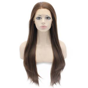 24" Long Brown Wig Silky Straight Half Hand Tied Heat Resistant Synthetic Fiber Lace Front Fashion Wig