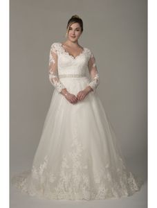 Linia A-line plus długie skromne suknie ślubne z długimi rękawami V szyi koronkowe aplikacje czyste rękawy formalne suknie ślubne Pełna wyprzedaż