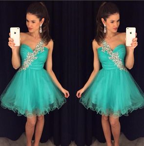 Turkos Kort Prom Party Dresses Homecoming Gown A Line One Shoulder Backless Tulle Pleats Pärlor Kristaller Korallröd Royal Blue