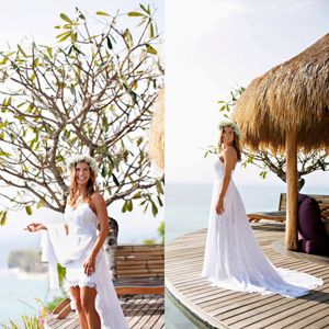 Fairy 2019 Bohemian Lace Beach Wedding Dresses With Chiffon Overlay Sexy Spaghetti Backless Side Split Skirt Country Bridal Gowns EN7141