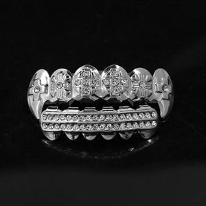 Real Gold Plated CZ Rhinestone Hip Hop Teeth For Mouth GRILLZ Caps Top Bottom Grill Set vampire teeth Party Gift