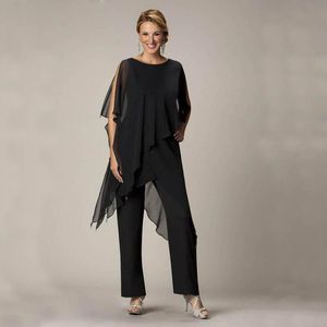 New Black Mother Of Bride Pant Suits Jewel Neckline Cheap Wedding Guest Dress With Sleeves Tiered Chiffon Mothers Dresses 415