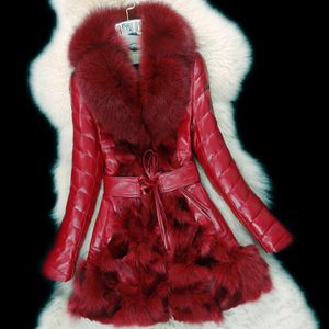 Women's luxury genuine sheepskin leather natural real fox fur patchwork long sleeve slim waist sashes duck down medium long parka coat