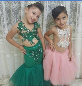 Yeşil Denizkızı Dantel Aplikes Kızlar Parti Elbise Düğün Bebek Komünyon Elbise Boncuklar Çocuklar Pageant Gowns Chea297o