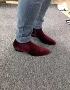 2017 Nowe Mężczyźni Aksamitne Buty Wysokiej Jakości Wino Czerwone Botki Mężczyzna Point Palec Nisko Heel Mujer Botas Party Shoes Bota Mężczyzna