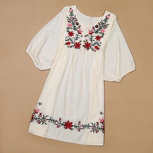 2020 Nowy Lato Vintage Kobiet Etniczne Meksykańskie Kwiatowe Luźne Koszula Topy Hippie Boho Bawełna Długa kobieta Hafty Bluzyki Dress