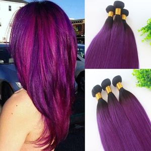 3Bundles Human Hair Weave Extensions Straight Ombre 1B Purple Two Tone Color Human Remy Hair Extensions