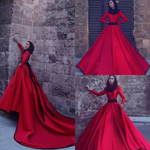 Mhamad Evening Said Red Islamic Muslim High Neck Long Sleeves Prom Dresses Back Zipper Custom Made Formal Gowns Without Veil 2017
