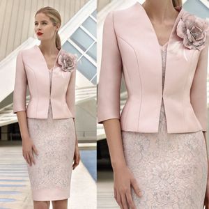 Pink Mother Of The Bride Dresses With Jacket Lace Appliqued Wedding Guest Dress Knee Length Short Mothers Formal Outfit