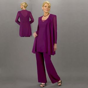 Purple Mother Of The Bride Pant Suits V Neck Custom Made Wedding Guest Dress Plus Size Cheap Chiffon Mothers Groom Dresses