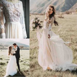Boho Beach Lace Wedding Dresses Deep Jewel Neck A-Line Long Sleeves Floor Length Chiffon Bridal Gowns
