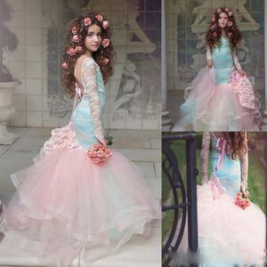 Elegant Long Sleeves Backless Blue And Pink Girls Pageant Gowns 2017 Lace Flower Girl Dress For Children Quinceanera Party Dresses 2k17