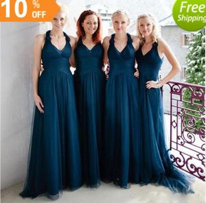 2017 Halter Simples Azul Marinho Dama de Honra Vestidos para Casamentos Uma Linha Sem Encosto Barato Convidado Do Casamento Vestidos de Festa Plus Size