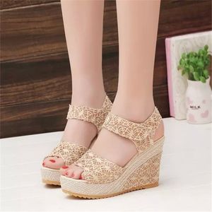 Fashion women wedge sandals open toe platform high heels lace weddingl shoes black beige color
