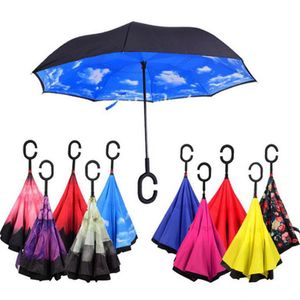 Kreatywne odwrócone parasole Dwuwarstwowa warstwa z C Handle wewnątrz Out Reverse Windproof Parasol 34 Kolory Darmowa Wysyłka
