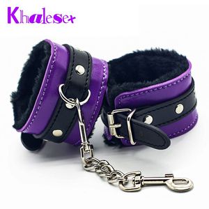 Lila Soft PU Läder Handbojor Bekväma Furry Fetish Restraints Sex Products Ankel Cuffs Bondage Slave Sexleksaker för par Q4201