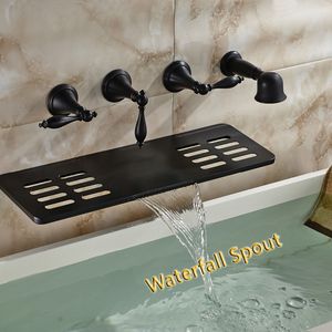 Whole And Retail Wandmontage Badezimmer Badewanne Wasserhahn Öl eingerieben Bronze Wasserfall Auslauf W Seifenschale Halter Handbrause Sprayer250h