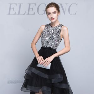 Front Short Back long Black Prom Dresses Scoop Neckline A-Line Flower Bling Bling Crystal Party Dress Short Backless Tulle Evening Gowns