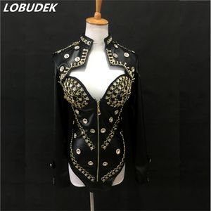 Svart vit pu läder rhinestones bodysuit hand sy kristaller jacka jumpsuit kvinnlig kostym jazz dj costumes club sångare show scen slitage