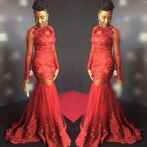 South African Red Mermaid Prom Dresses 2018 Sheer Long Sleeves Lace Appliques See Through Evening Gowns Tulle Sweep Train Formal Party Dress