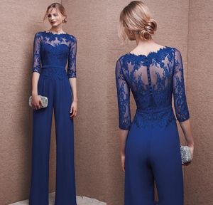 Blue Lace Chiffon Mother Pant Suits Lace Lady Jumpsuit Evening Dresses 3/4 Long Sleeve Mother of the Bride Formal Evening Party Dresses