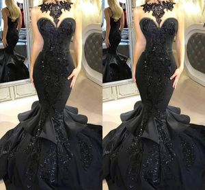 Sexy Black Sequins Mermaid Dresses Evening Wear Vintage Long 2019 Lace Applique Beaded Ruffles Prom Gowns Illusion Neck Formal Party Dress