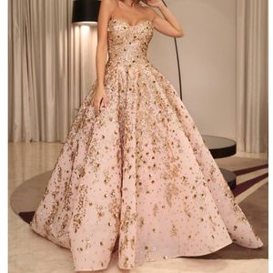 Luxury Crystal Golden-Sequins Evening Dresses Beaded Applique Sweetheart Zipper Formal Evening Gowns Stunning A-Line Sparkly Celebrity Dress