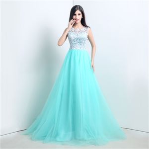 Ny lager Long Tulle Mint Prom Klänningar 2017 med Scoop Appliques Party Formal Evening Gowns QC241