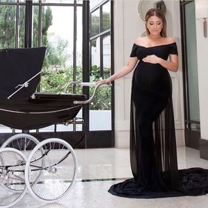 Elegantes vestidos de maternidad ajustados largos formales fuera del hombro negro vestido de noche de la alfombra roja embarazada Spandex vestido de gasa tren por encargo