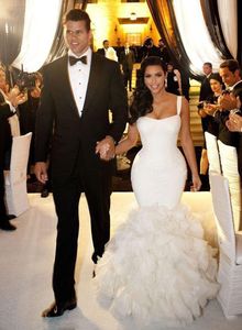 Kim Kardashian 2018 New Wedding Dress Sexy Spaghetti Strapls Organza Ruffle Mermaid Contoured Floor Length Hi-Lo Wedding Gowns