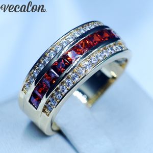 Vecalon novo moda jóias casamento banda anéis para homens vermelho 5a zircão cz 10kt ouro amarelo enchido anel de dedo festa masculina