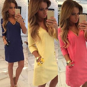 Partihandel-Omen's Fashion Pure Color Package Hips Klänning Sexig Deep V-Neck Party Dresses 09WG